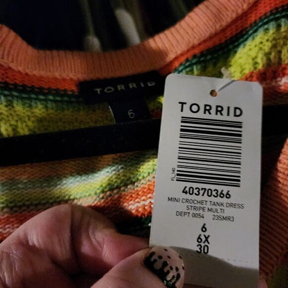 6X 30W Torrid Crochet 70s Knit Mini Sweater Dress Orange Green Sherbet Stretch c - Picture 9 of 9